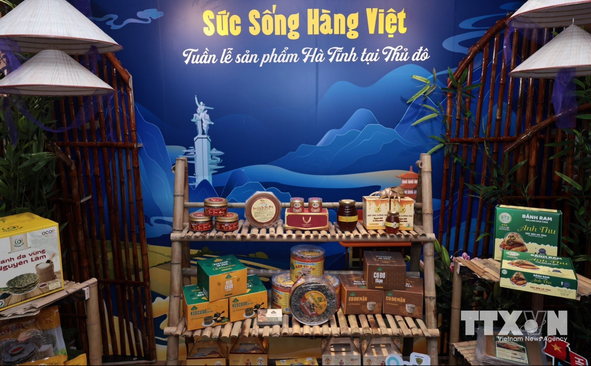 Các sản phẩm tiêu biểu của Hà Tĩnh được trưng bày tại 62 Tràng Tiền, Hà Nội, trong khuôn khổ chương trình “Sức sống hàng Việt”. (Ảnh: Trần Việt/TTXVN)